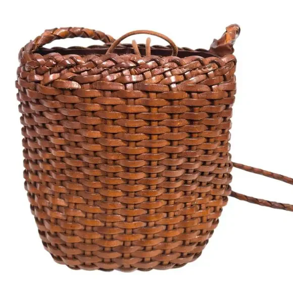 Vintage Ellepi Woven Bucket Bag Brown Leather Crossbody Drawstring Cottagecore - Picture 14 of 16